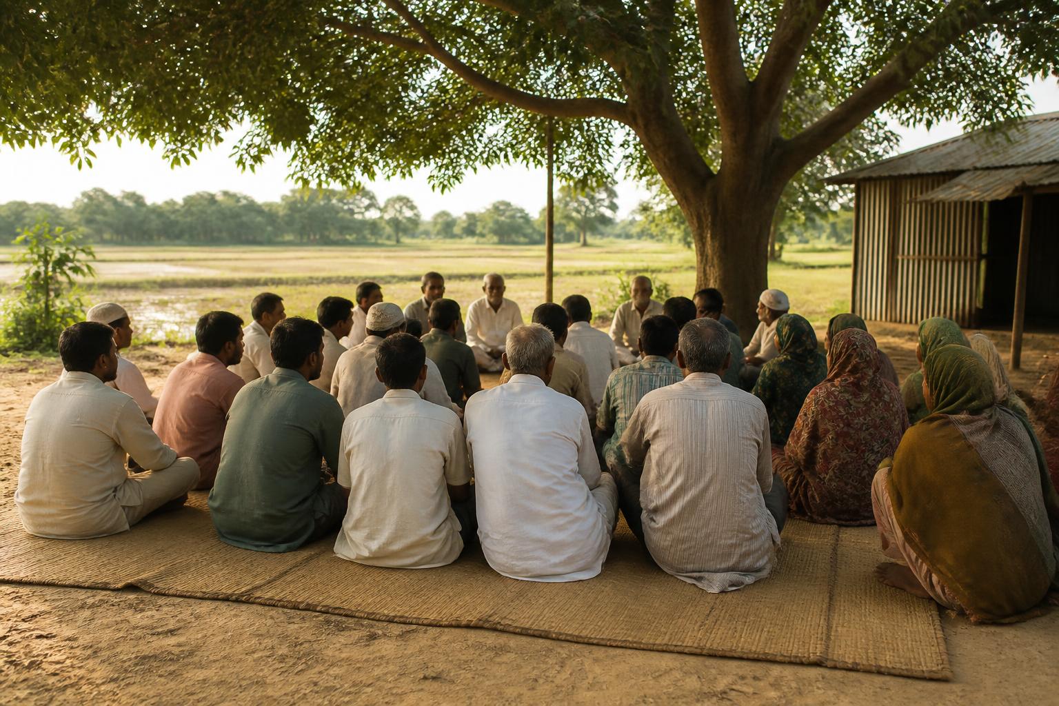 A small community gathering under a tree