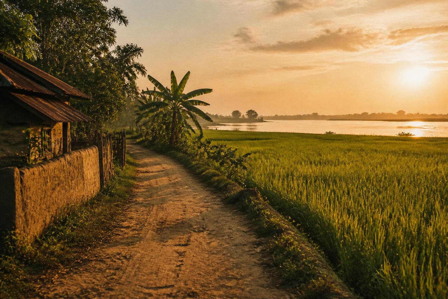 A quiet village path at golden hour in rural Bangladesh